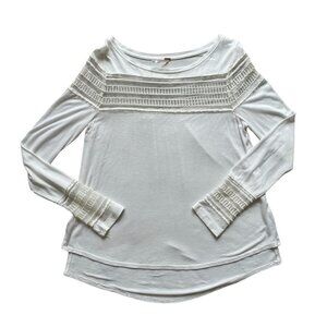 Free People White Long Sleeve Lace Yoke Tee